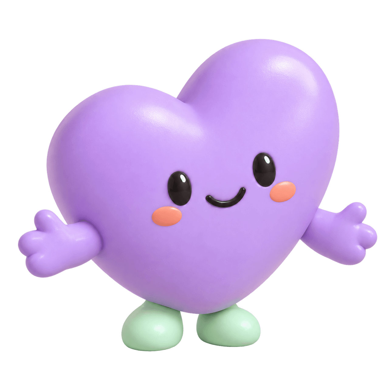 Big Heart, Kindness’s smiling lilac heart mascot with mint feet and open arms